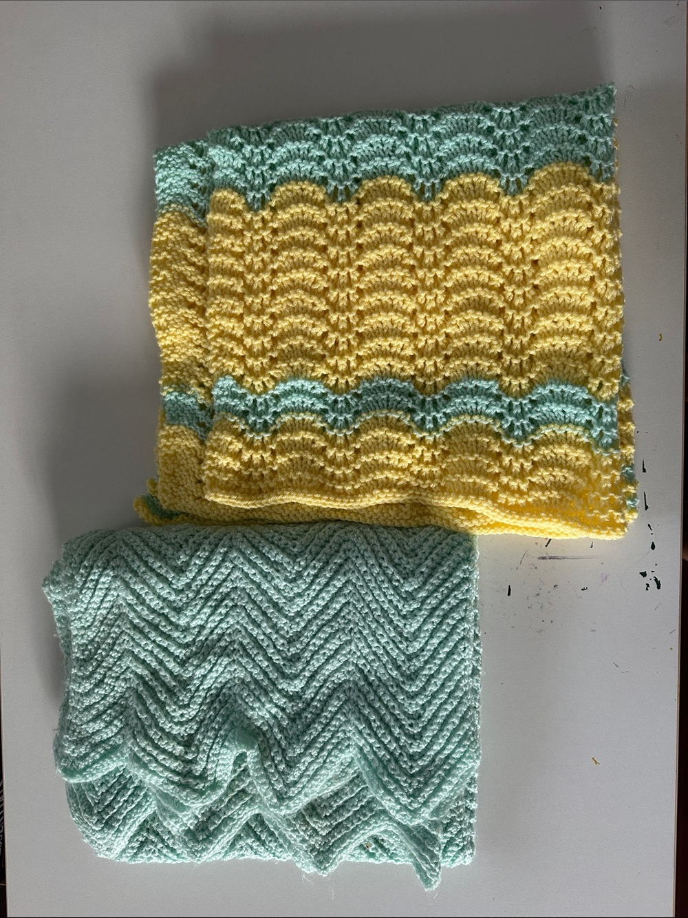 Handmade Yellow and Mint Baby Blankets - Soft Knit